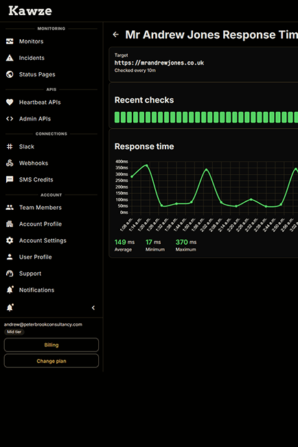 A monitor view page which shows recent checks and the response information