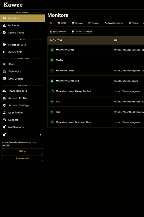 A list of uptime monitors, including their status and uptime stats
