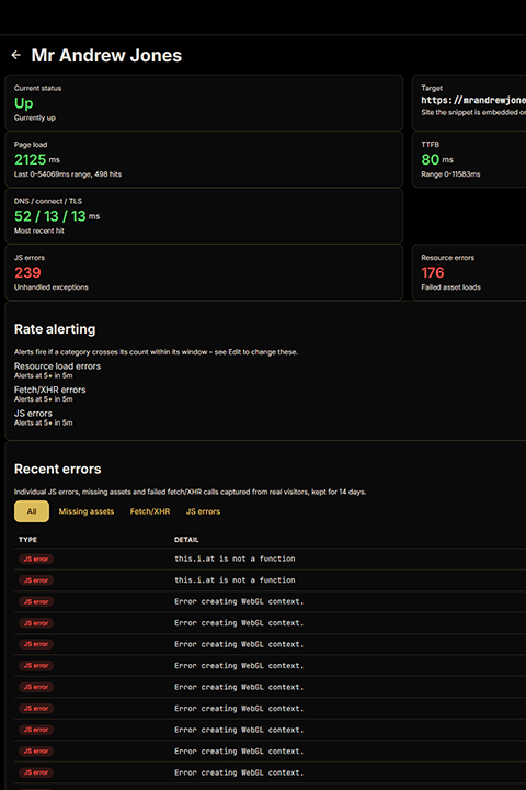 A monitor view page which shows JavaScript errors, resource errors and XHR errors that users are experiencing